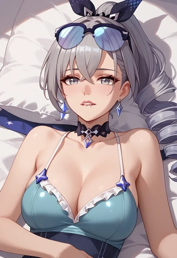 star rail,silver wolf,retro style swimsuit,frilled neckline,bow detail  - AI generated anime art